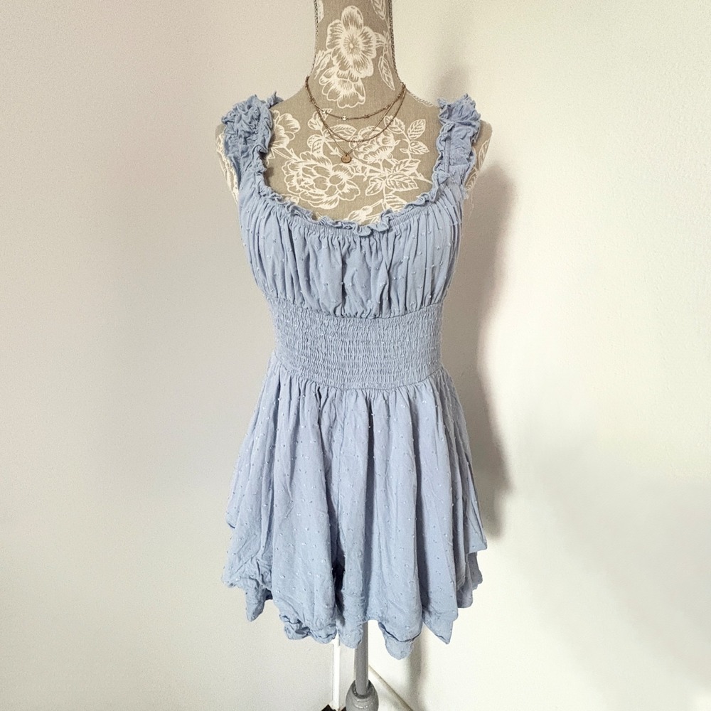 Urban Outfitters UO Rosie Light Blue Swiss Dot Smocked Ruffle Romper Small